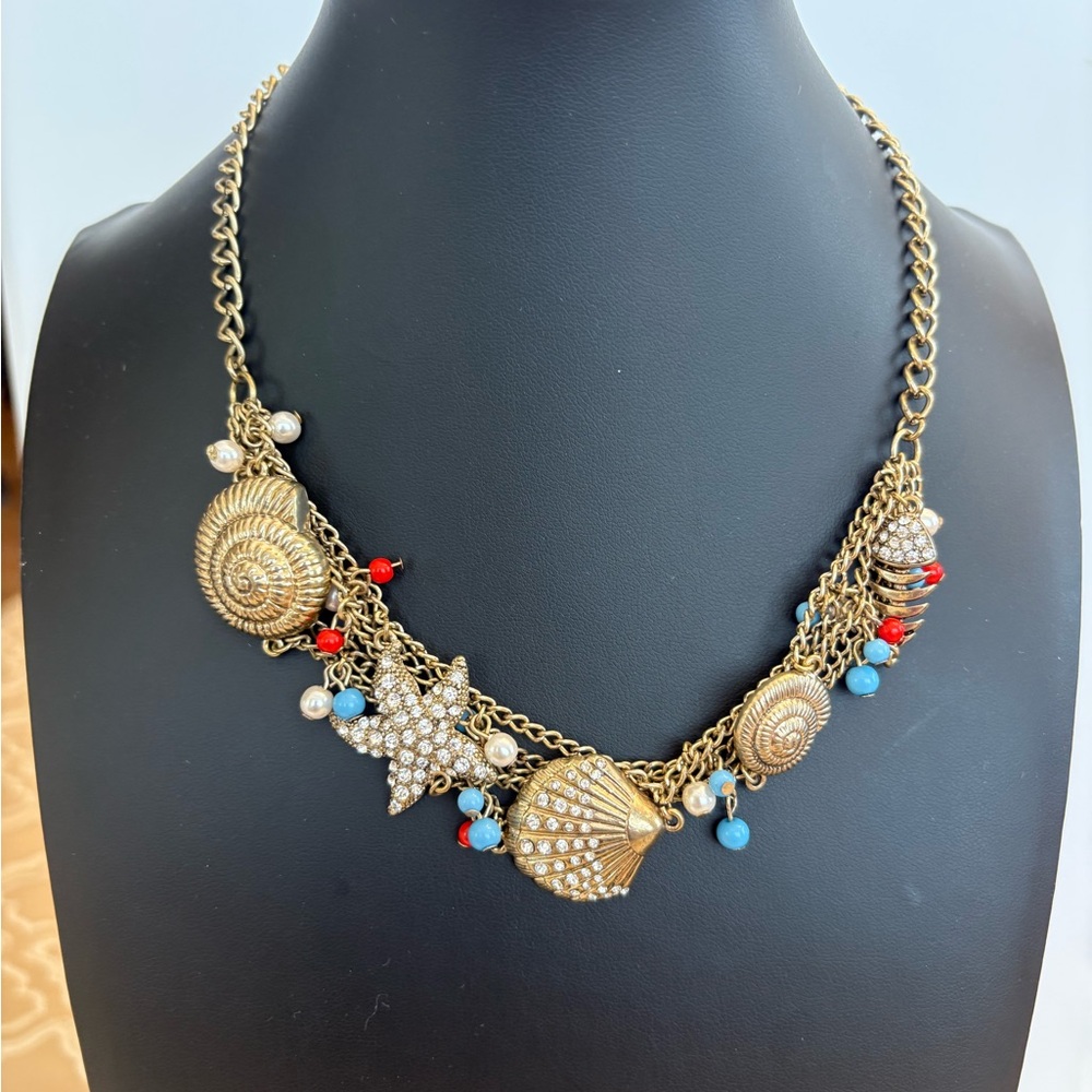 Gold Tone Seashell Statement Nautical Necklace Bi… - image 7